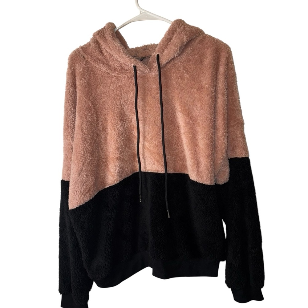 SHEIN Drawstring Detail Colorblock Teddy Hoodie Pink/Black (XL)